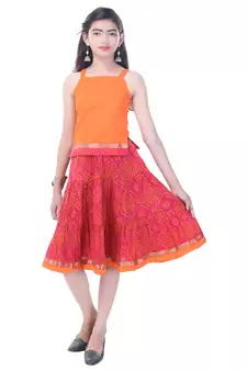 Orange Cotton Printed Set of Skirt and Top for Girls