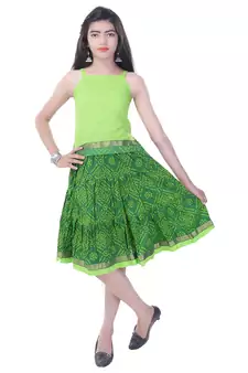 Green Cotton Printed Set of Skirt and Top for Girls