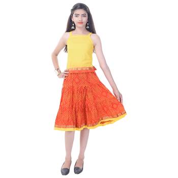 Yellow Cotton Printed Set of Skirt and Top for Girls 1