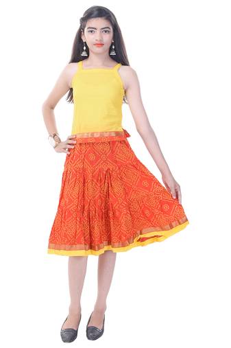 Yellow Cotton Printed Set of Skirt and Top for Girls
