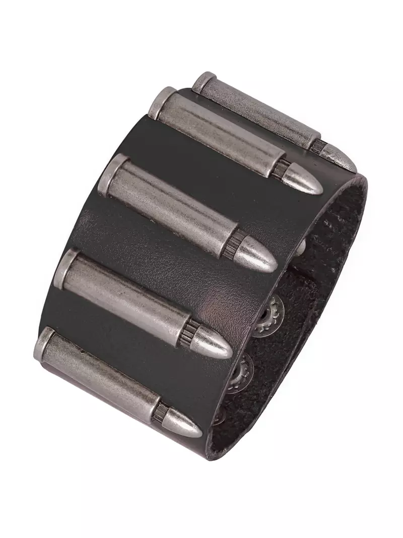 men genuine black leather bullet wrist band strand bracelet