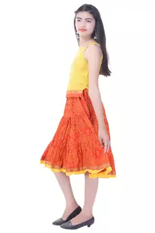 Yellow Cotton Printed Set of Skirt and Top for Girls