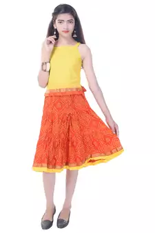 Yellow Cotton Printed Set of Skirt and Top for Girls
