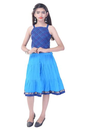 Blue Cotton Printed Set of Skirt and Top for Girls