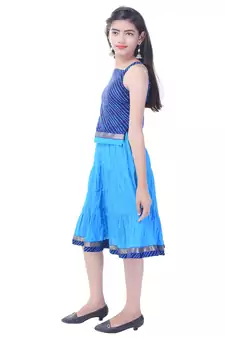 Blue Cotton Printed Set of Skirt and Top for Girls