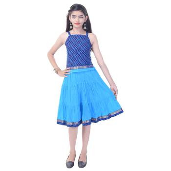 Blue Cotton Printed Set of Skirt and Top for Girls 4