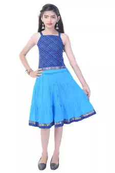 Blue Cotton Printed Set of Skirt and Top for Girls
