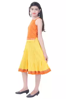Orange Cotton Printed Set of Skirt and Top for Girls