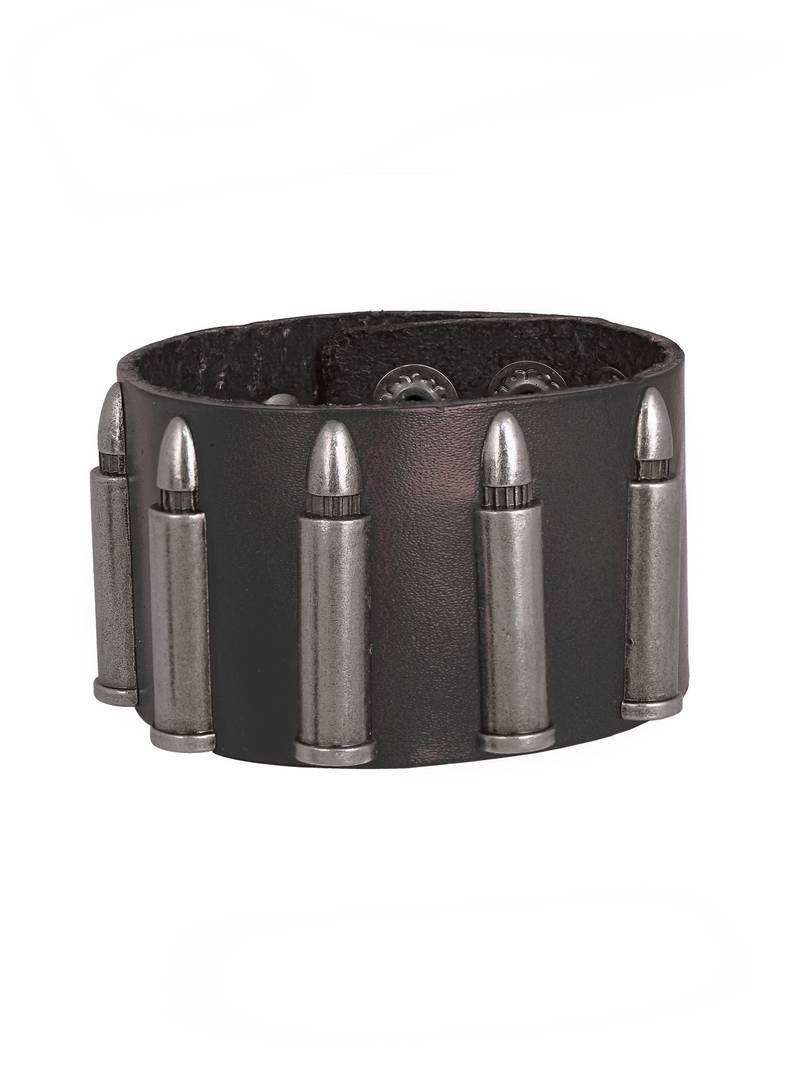 men genuine black leather bullet wrist band strand bracelet