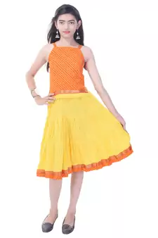 Orange Cotton Printed Set of Skirt and Top for Girls