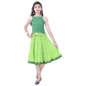 Green Cotton Printed Set of Skirt and Top for Girls 4