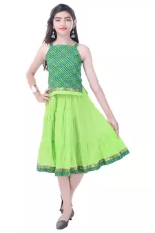 Green Cotton Printed Set of Skirt and Top for Girls