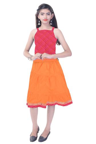Pink Cotton Printed Set of Skirt and Top for Girls