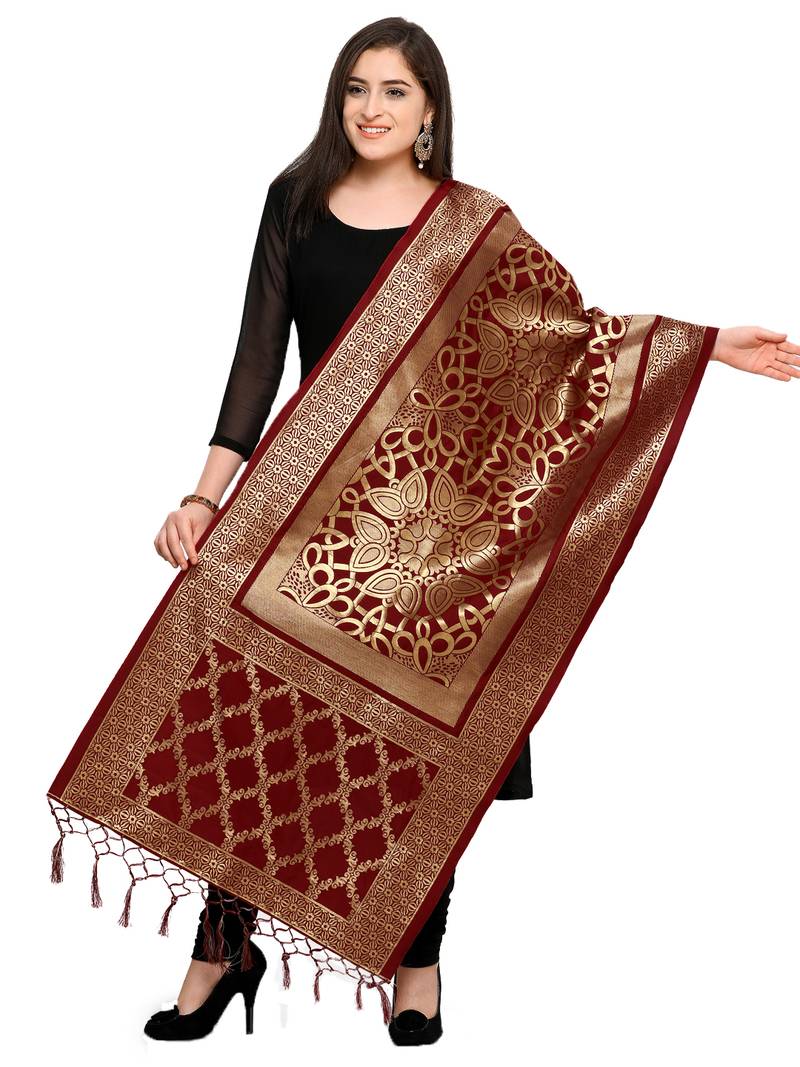 Maroon Color Banarasi Woven Dupattas With Fancy Tassels Blissta 2711707