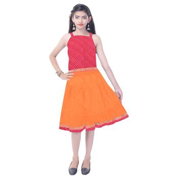 Pink Cotton Printed Set of Skirt and Top for Girls 4