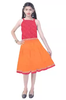 Pink Cotton Printed Set of Skirt and Top for Girls