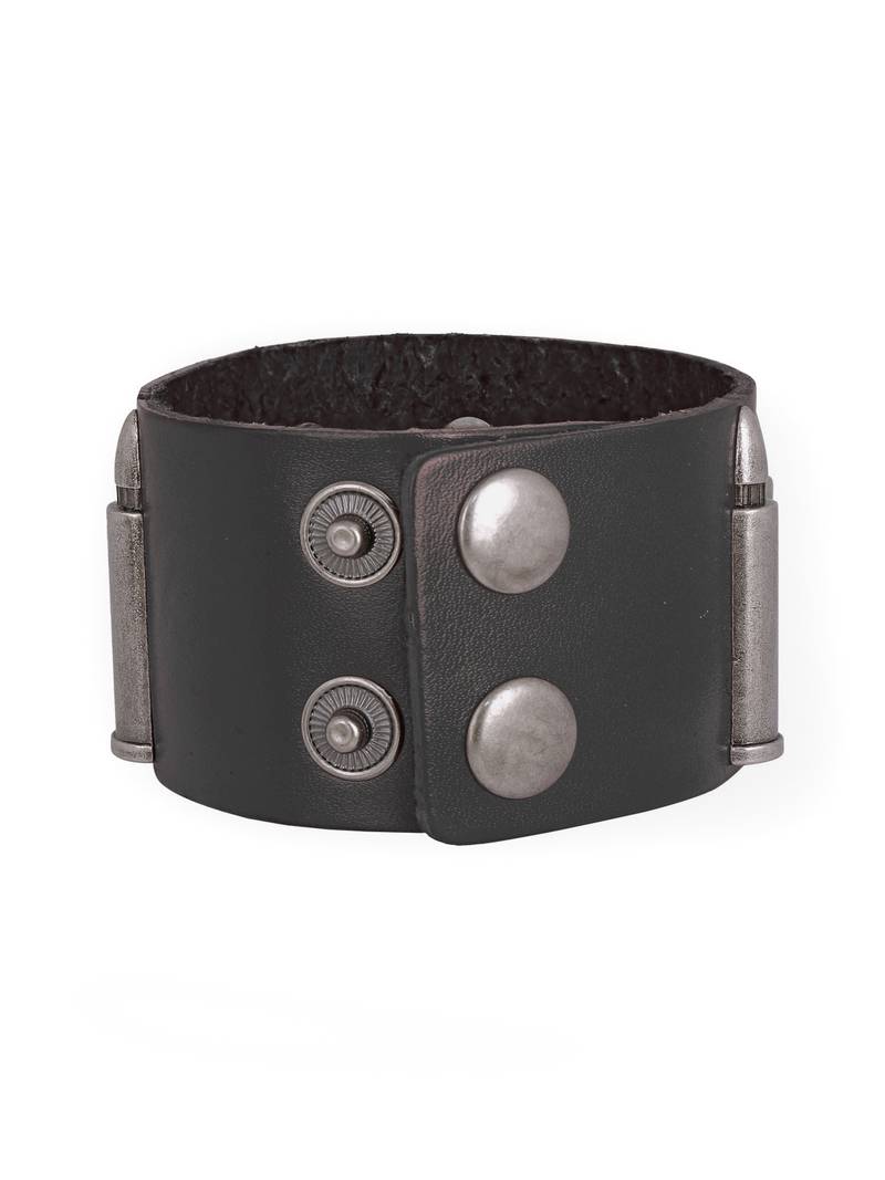 men genuine black leather bullet wrist band strand bracelet
