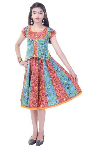 Multicolor Cotton Printed Set of Skirt and Top for Girls