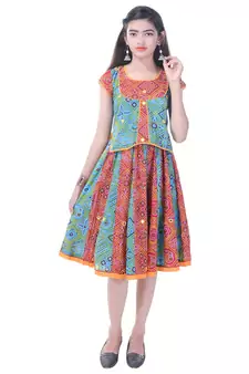 Multicolor Cotton Printed Set of Skirt and Top for Girls
