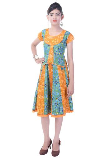 Multicolor Cotton Printed Set of Skirt and Top for Girls