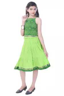 Green Cotton Printed Set of Skirt and Top for Girls