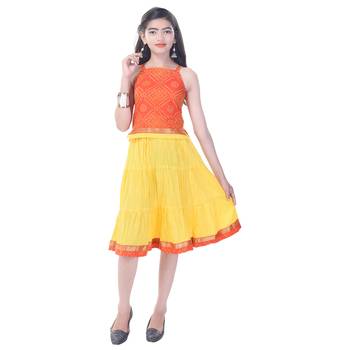 Orange Cotton Printed Set of Skirt and Top for Girls 1