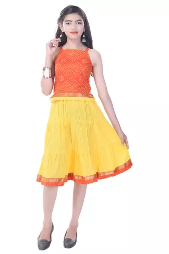 Orange Cotton Printed Set of Skirt and Top for Girls