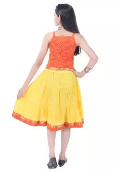 Orange Cotton Printed Set of Skirt and Top for Girls