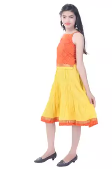 Orange Cotton Printed Set of Skirt and Top for Girls