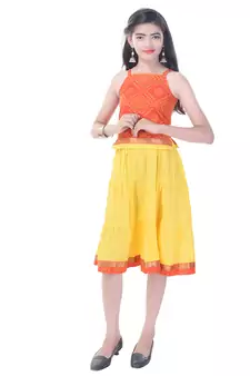 Orange Cotton Printed Set of Skirt and Top for Girls