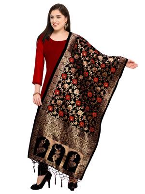 Women's Black Banarasi Woven Work Stole And Dupattas (free Size) 1