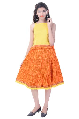 Yellow Cotton Printed Set of Skirt and Top for Girls