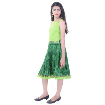 Green Cotton Printed Set of Skirt and Top for Girls 3