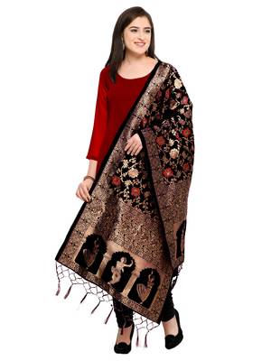 Women's Black Banarasi Woven Work Stole And Dupattas (free Size) 5