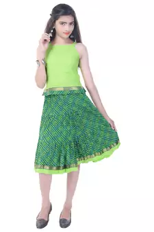 Green Cotton Printed Set of Skirt and Top for Girls