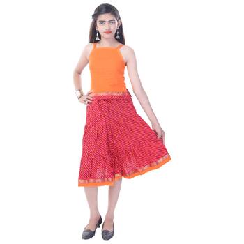 Orange Cotton Printed Set of Skirt and Top for Girls 1