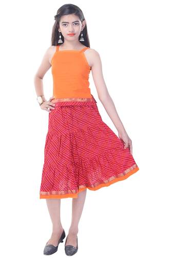 Orange Cotton Printed Set of Skirt and Top for Girls