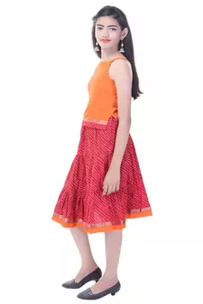 Orange Cotton Printed Set of Skirt and Top for Girls