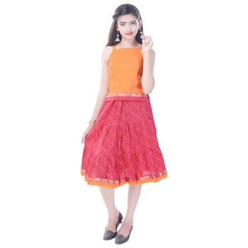 Orange Cotton Printed Set of Skirt and Top for Girls 4