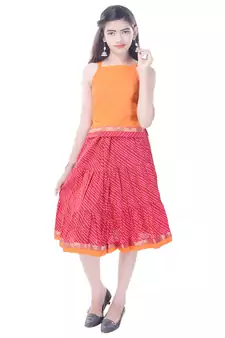 Orange Cotton Printed Set of Skirt and Top for Girls