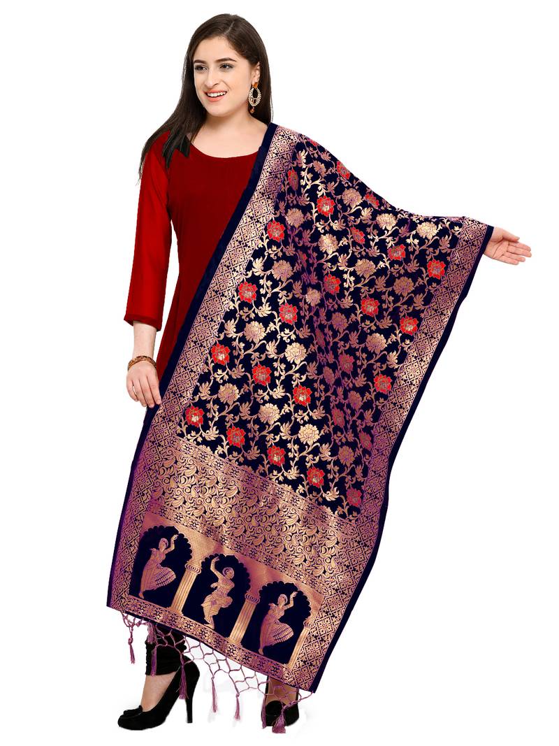 Navy Blue Banarasi Silk Zari Woven Dupatta With Jalar(Poly Silk)