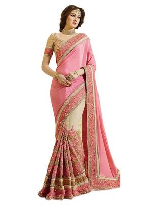 Pink embroidered pure chiffon saree with blouse 1