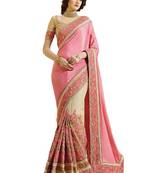Pink embroidered pure chiffon saree with blouse
