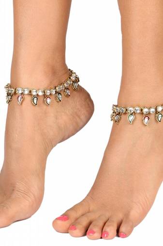antique traditional ethnic red green meena kundan anklet payal pair