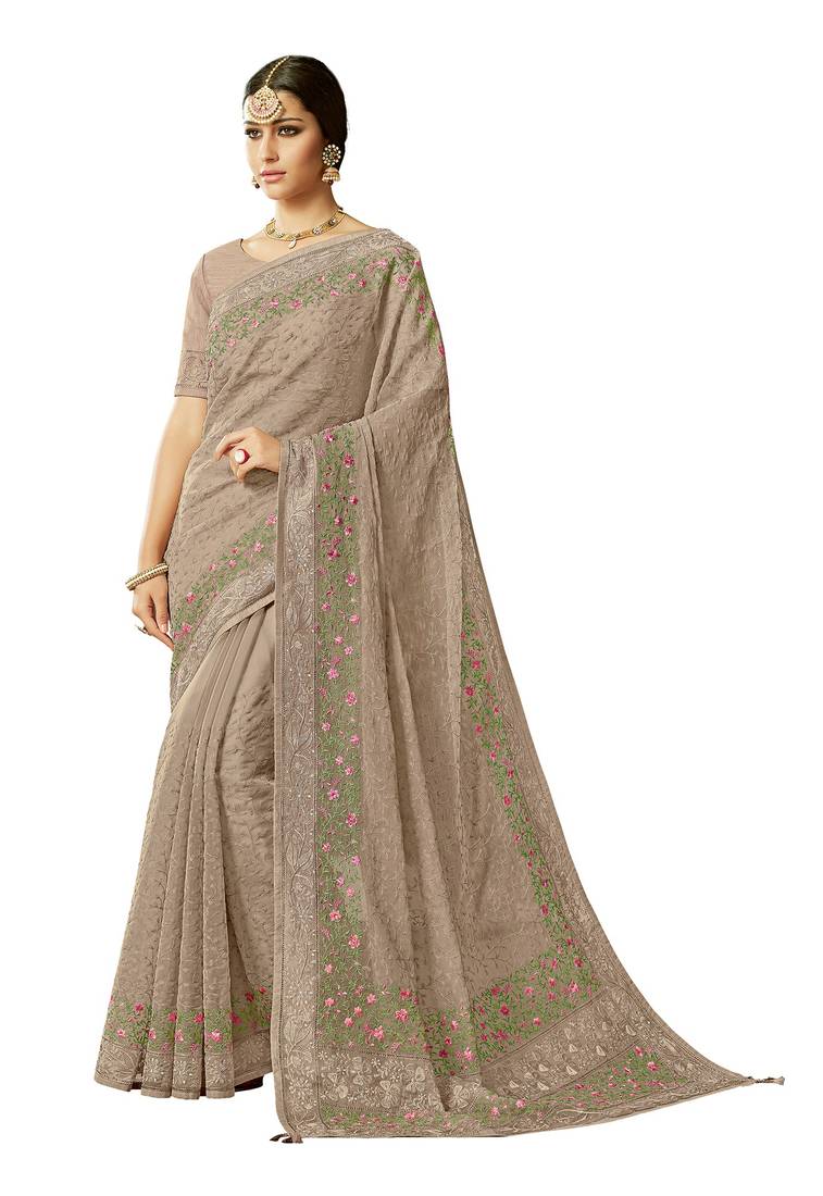 Women's Organza Grey Embellished Designer Saree With Blouse Piece