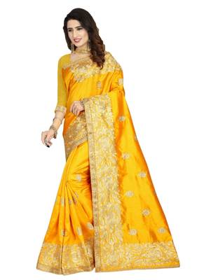 Yellow embroidered art silk saree with blouse 1