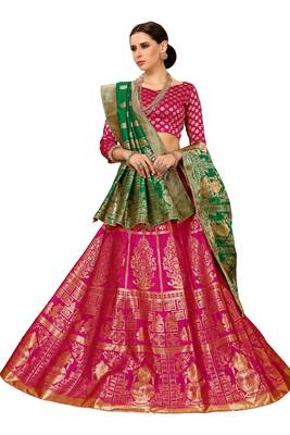 Pink jacquard silk semi stitched lehnega with dupatta 1