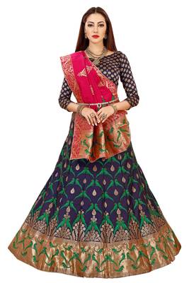 Blue jacquard silk semi stitched lehnega with dupatta 1