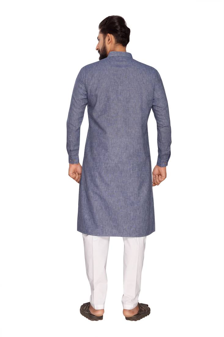 Blue Plain Polly Linen Kurta Pajama