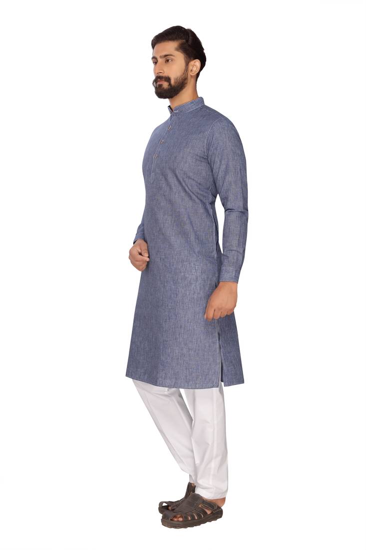 Blue Plain Polly Linen Kurta Pajama
